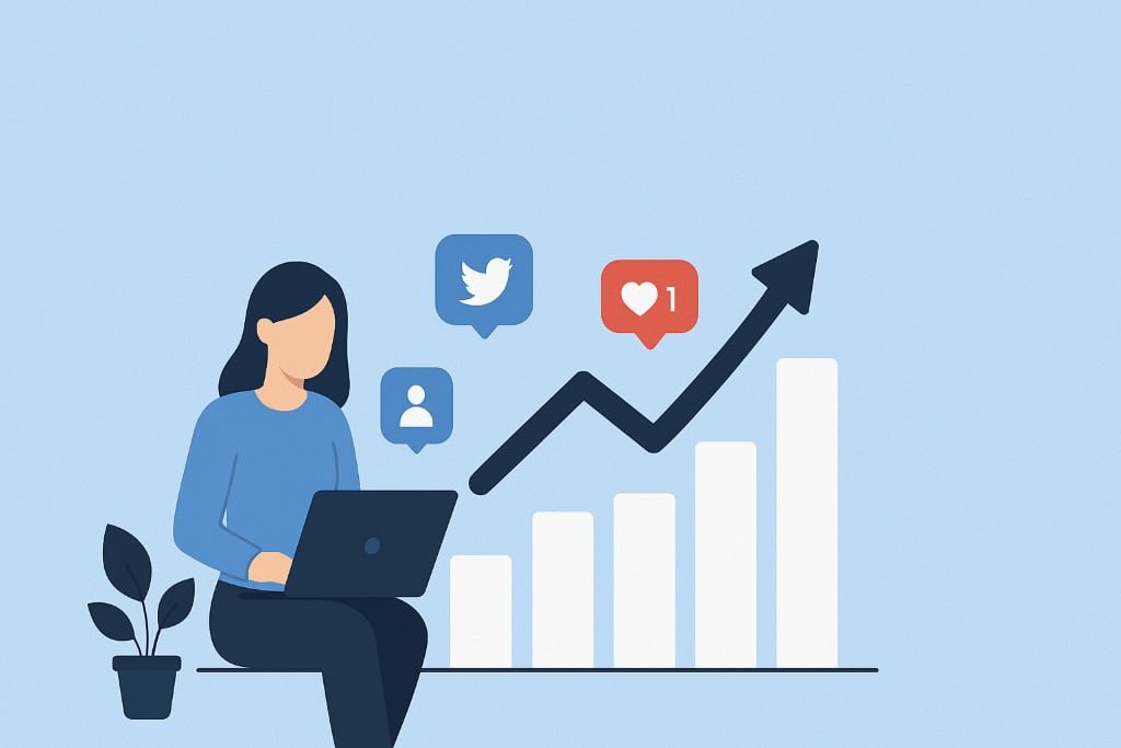 Social media marketing growth with a woman using a laptop, social media icons, and an upward trend chart
